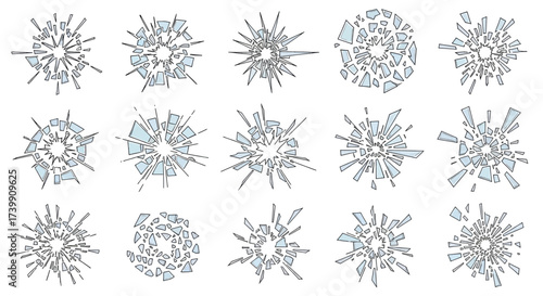 Set of handdrawn broken glass illustrations.