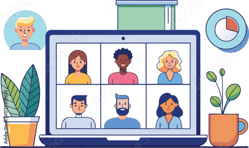 Diverse group of people in a video conference call on a laptop screen
