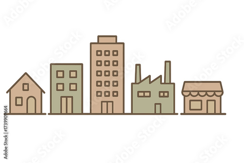 Diverse collection of urban and suburban buildings including residential, commercial, and industrial structures