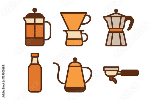 Set of coffee brewing equipment including French press Moka pot and pour-over devices
