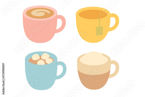 Set of four colorful mugs containing various hot beverages like coffee, tea, and hot chocolate