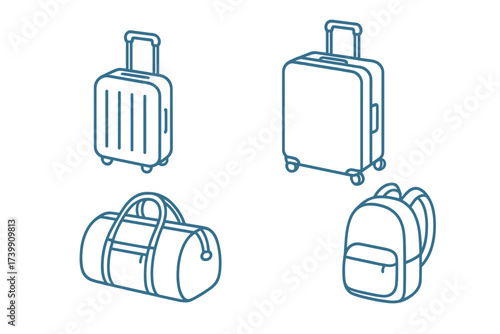 Isometric outline style travel luggage rolling suitcases backpack duffel bag