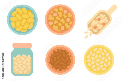 Dried legumes, beans, and grains assortment in various bowls and containers