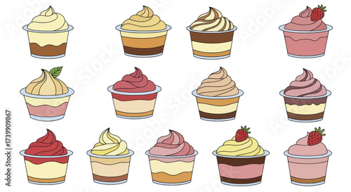 Set of assorted sweet desserts in cups illustration.