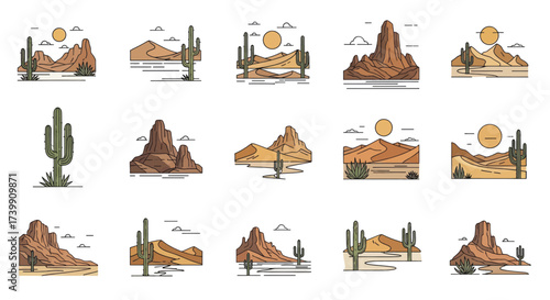 Collection of minimalist desert landscape icons with cactus and mountains Vector line art illustration set.