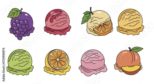 Collection of colorful fruit ice cream scoops vector illustration set.