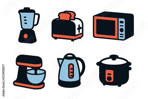 Essential household kitchen appliances collection featuring blender toaster microwave and mixer