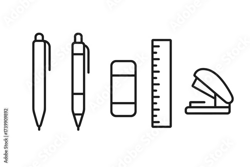 Minimalist line art icons representing office and school stationery items