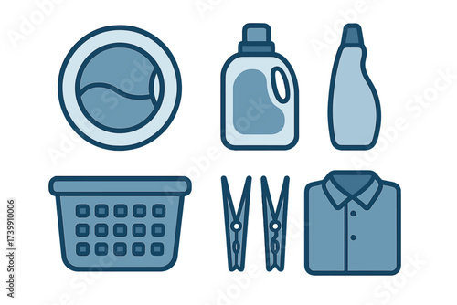 Essential household items for washing clothes including detergent, basket, and machine drum