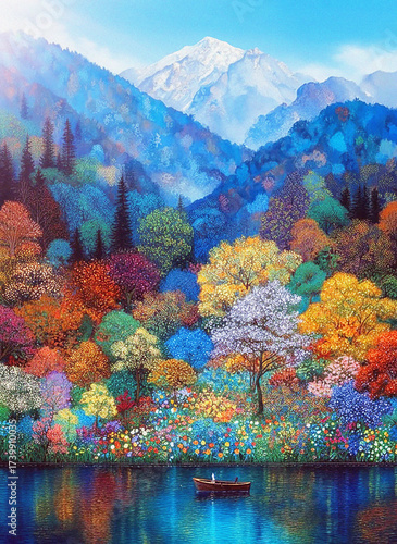 Autumn landscape with lake and mountains. Minimalist backdrop. Nature, success, travel, holiday concept
