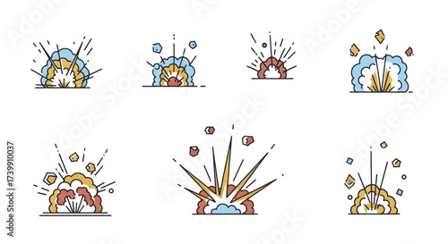 Set of colorful cartoon explosion icons in a linear style isolated on a white background.