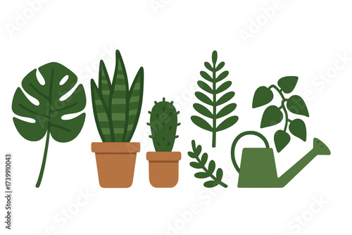 Stylized collection of potted indoor plants and green gardening equipment silhouettes