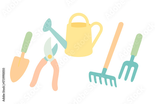 Set of essential gardening tools including watering can, trowel, rake, and shears in pastel colors