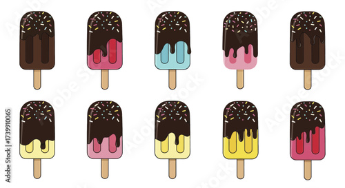 Set of colorful ice cream popsicles with chocolate glaze and sprinkles.