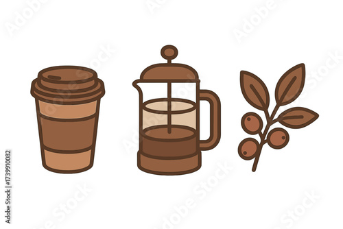 Set of coffee icons featuring disposable cup, French press, and coffee plant branch