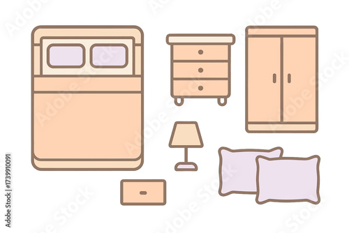 Minimalist set of essential bedroom furniture icons including bed, wardrobe, and nightstand