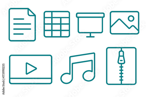 Outline icons set showing common digital file formats: text, spreadsheet, image, video, audio, and zip archive