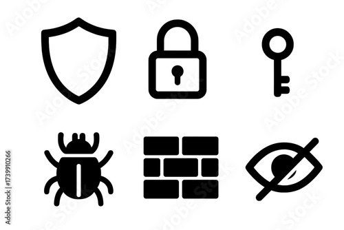 Essential cybersecurity and privacy symbols for digital protection and access control
