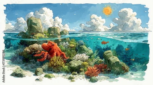 Vibrant underwater scene, colorful coral reef teeming with tropical fish, sunlit water creating a serene marine landscape.