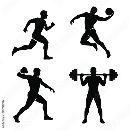 Dynamic sports silhouettes capturing action of runner basketball player thrower and weightlifter in powerful poses silhouette