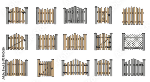 Vector Illustration Set of Different Garden Gates and Fences.