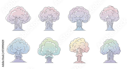 Set of colorful cartoon mushroom cloud explosions isolated on a white background.
