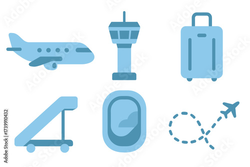 Essential flat design symbols for airport operations and air travel including aircraft and baggage