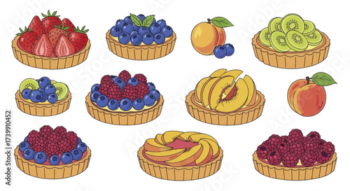 Collection of assorted fruit tarts and fresh fruits illustration.