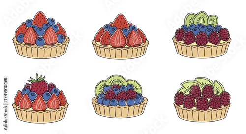 Assorted fruit tarts with strawberries blueberries raspberries and kiwi.