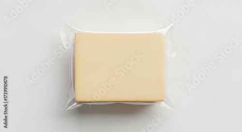 Pristine Block of Yellow Cheese, Vacuum-Sealed for Freshness in a Minimalist Top-Down View.