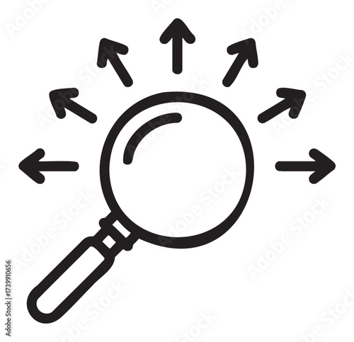 Black outline icon of a magnifying glass with multiple arrows pointing outward, symbolizing exploration and discovery.