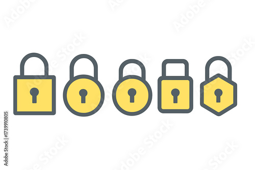 Set of five closed padlock symbols representing digital security and confidential access