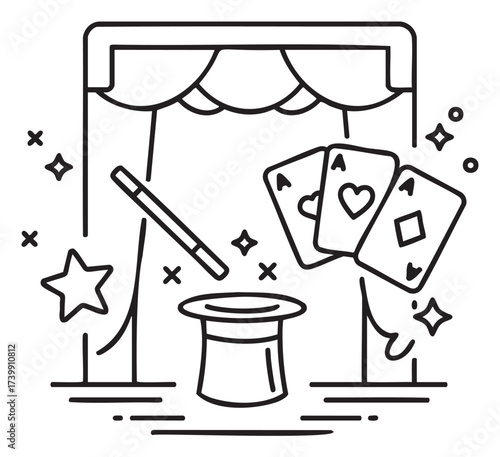 Black outline of a stage magic scene featuring a magician's hat, wand, playing cards, and stars, evoking themes of wonder and illusion.