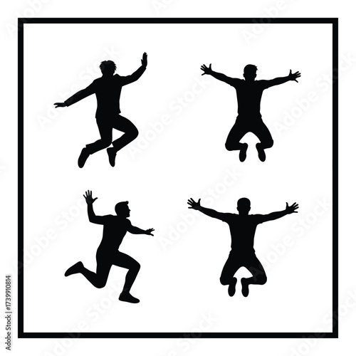 Dynamic silhouette collection of four people joyfully jumping and celebrating life moments of happiness and energy silhouette