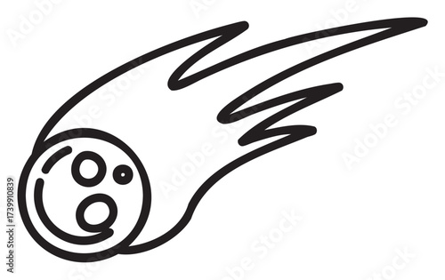 Black outline vector icon of a simple flaming meteor with stylized lines indicating motion. minimal linear illustration representing space and astronomy concepts.