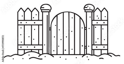 Simple black outline illustration of a wooden fence with a rounded gate and posts, suggesting a rural or garden setting.
