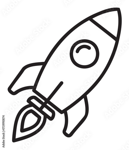 Simple black outline icon of a rocket ship, depicting a classic space exploration design with a circular window.