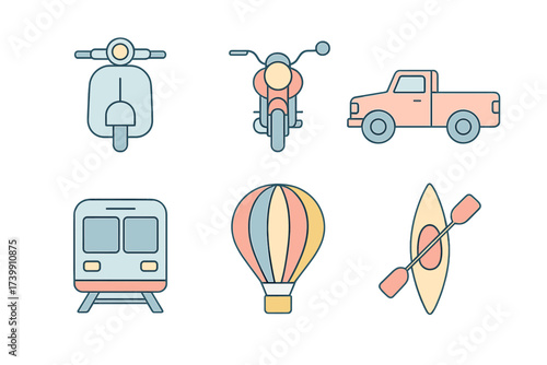 Six outline transportation and travel symbols featuring scooter, truck, train, and hot air balloon