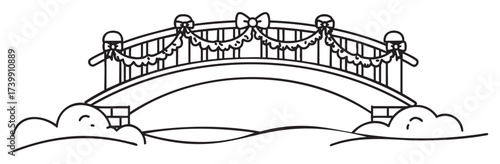 Black outline of a decorative arched bridge adorned with garlands and bows, featuring a simple, elegant design suitable for festive occasions.