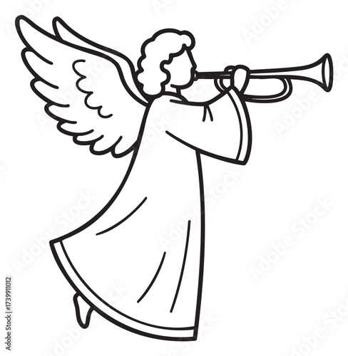 Black outline of an angel playing a trumpet, depicted with detailed wings and flowing robes, captured in a side view.