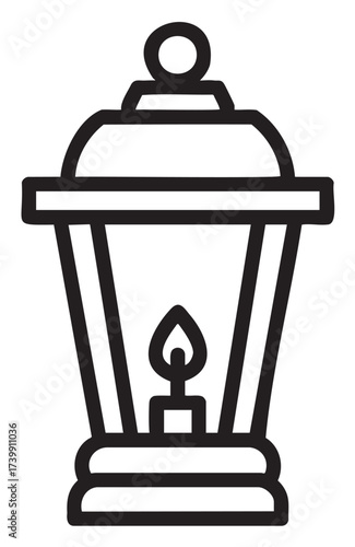 Black outline vector icon of a vintage lantern with a simple design, featuring a candle flame inside.