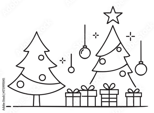 Black outline illustration of two decorated christmas trees with stars and hanging ornaments, surrounded by wrapped gifts.