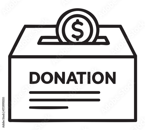 Black outline icon of a donation box with a coin slot and a dollar symbol, emphasizing charity and giving.