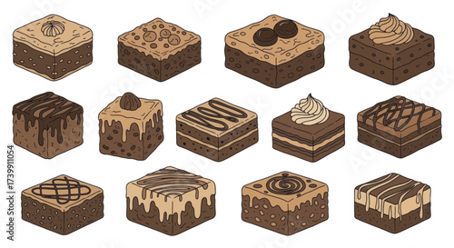 Assortment of delicious chocolate brownie squares illustration set.
