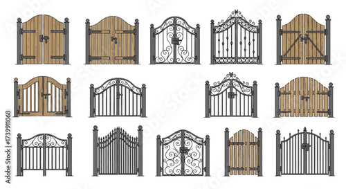 Collection of Various Wooden and Wrought Iron Gates.