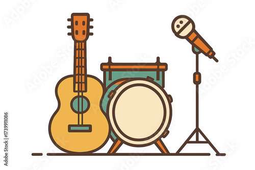 Retro style musical instruments set including acoustic guitar, drum, and microphone
