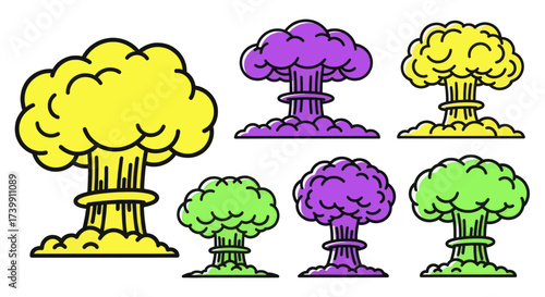 Set of colorful cartoon nuclear explosion mushroom clouds.