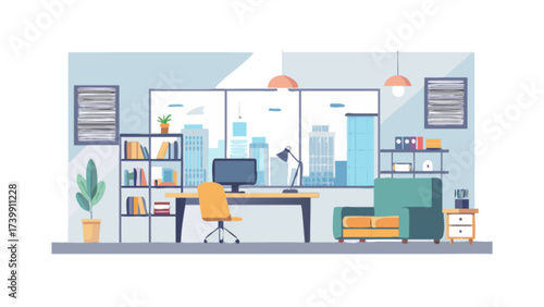 Illustration of a modern office interior with a desk chair and city view through a large window