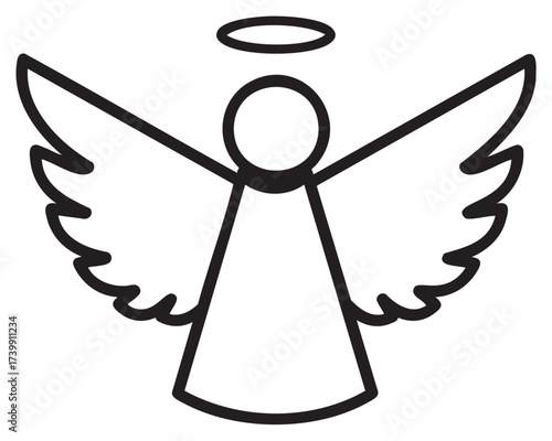Black outline icon of a simple angel with a halo and widespread wings, symbolizing purity and protection.