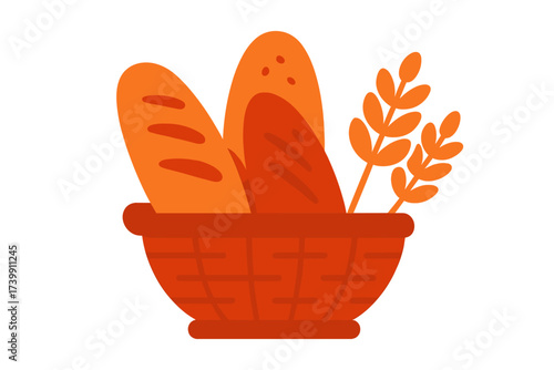 Freshly baked bread loaves and wheat ears placed inside a rustic woven basket